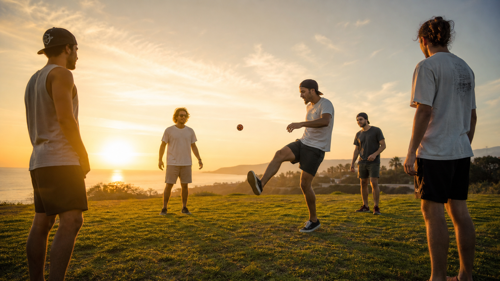 Friends playing hacky sack at sunset
